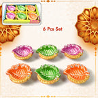 Set of six vibrant hand-painted clay diyas with mixed traditional designs, perfect for Diwali celebrations.