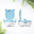 Baby potty training seat in white with blue accents, featuring a removable bowl.