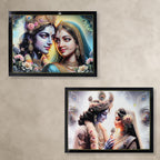 Traditional Lord Krishna Radha wooden framed wall painting for home decor