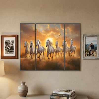 Vibrant horses sunset 3 panel MDF wall art decor in a stylish home