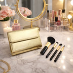 Portable makeup brush set with storage pouch and essential brushes
