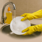 Long-cuff yellow rubber gloves providing extended wrist protection.