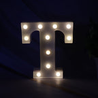 Close up of decorative LED lamp shaped as letter T