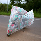 Bicycle rain cover showing full waterproof protection over bike seat and controls