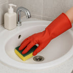 Close-up of textured fingers on rubber cleaning gloves