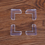 Flexible clear silicone corner guard on a furniture edge, showcasing its protective design.