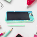 Blue Kids LCD Writing Tablet from a slight angle, showcasing its slim design.