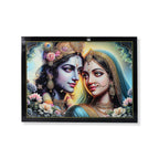 Detailed Lord Krishna and Radha painting in wooden frame hanging on wall