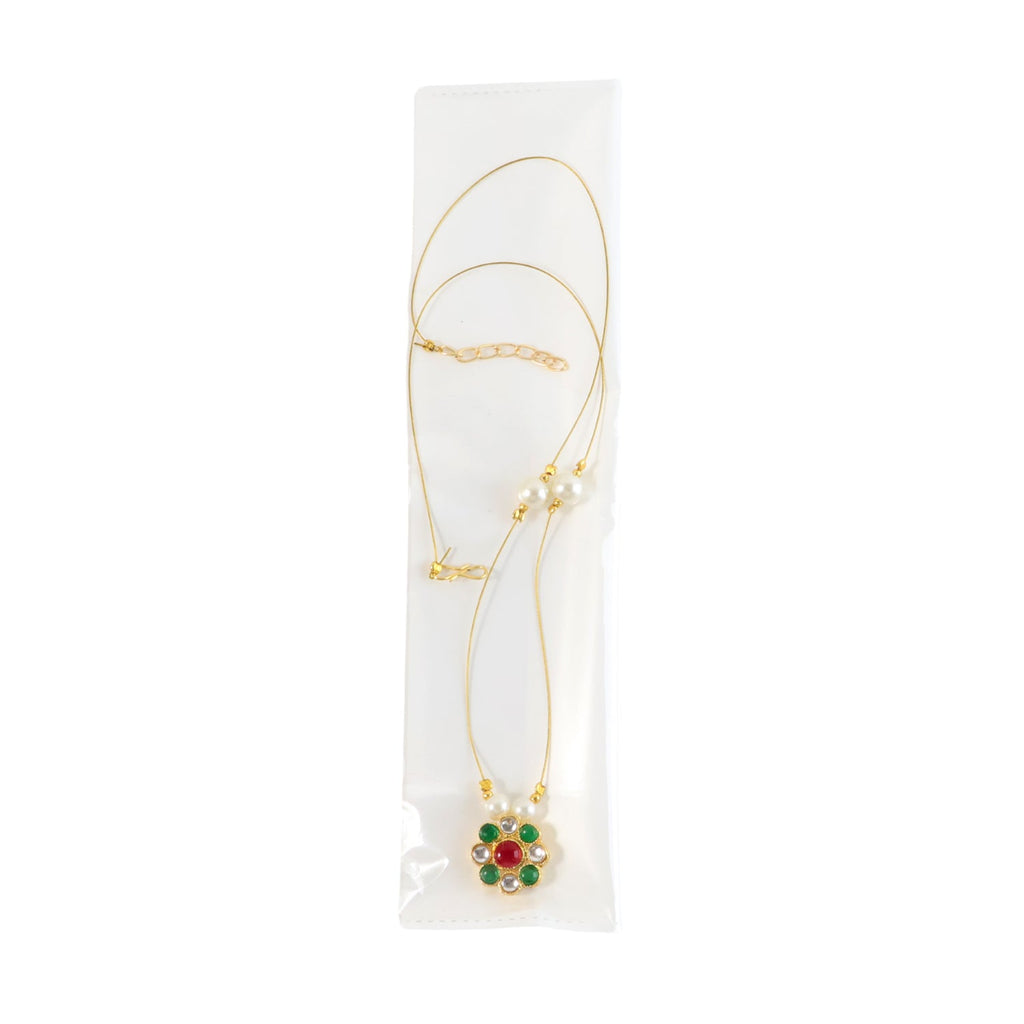 Close-up of the multicolor stone floral pendant on the lightweight pearl chain
