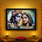 Lord Krishna Radha framed wall art hanging on living room wall