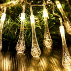 Close-up of a crystal water drop bulb on the LED string light.