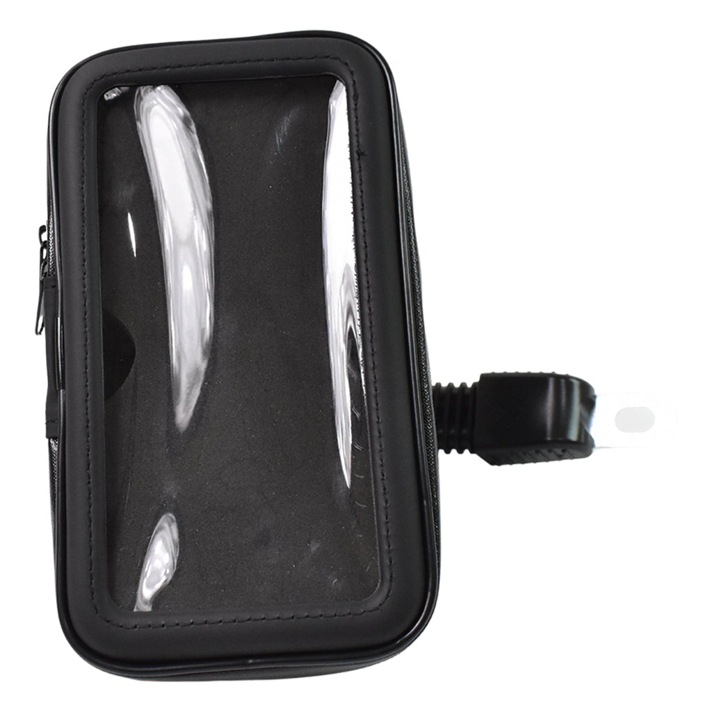 Phone holder case securely attached to a scooter handlebar, suitable for various vehicles.