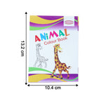 Child's hand holding crayon colouring animal pages from the book