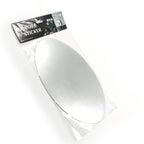 Hand demonstrating easy application of an oval adhesive bathroom mirror sticker.