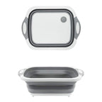 Overhead view of the multi-function foldable chopping board, dish rack, and washing bowl.
