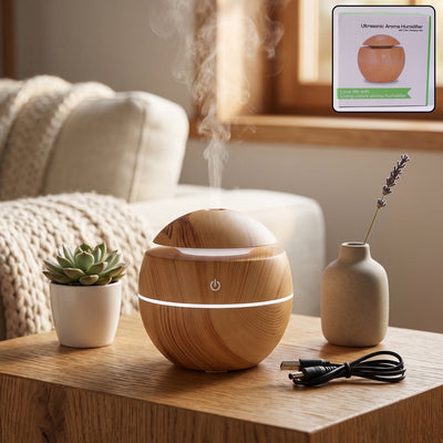 Ultrasonic aroma diffuser humidifier with LED light in wood grain finish