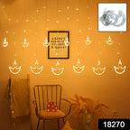 Diya Curtain String Lights with 12 LED diyas draped elegantly for Diwali decoration.
