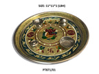 Overhead shot of the complete Pooja Thali Set with included bowls, diya, and vibrant diamond and pearl decorations.