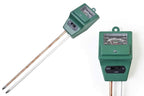 Hand holding the 3-way soil meter, inserting its probe into potted plant soil.