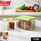 Top view of 12-piece clear spice containers arranged on a modular spice rack stand