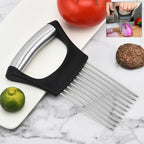Stainless steel onion cutter with sturdy prongs and grip handle