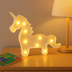 Side view of battery powered LED unicorn night lamp for kids’ room decor