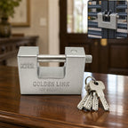 Front view of a 94mm stainless steel padlock with its shackle.