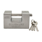 A key being inserted into the sturdy stainless steel padlock.
