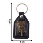 Size display of military tank design leather finish keychain showing compact dimensions