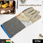 Close-up of the robust kevlar stitching on heat-resistant welding gloves.