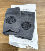 Side view of toddler knee guard wool knit leg warmers in dark grey