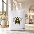 Store display of eco-friendly bee print tote bags