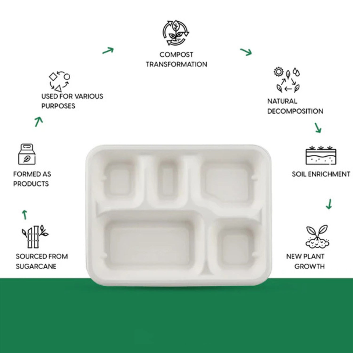 Stacked compostable 5-compartment lunch plates designed for easy storage