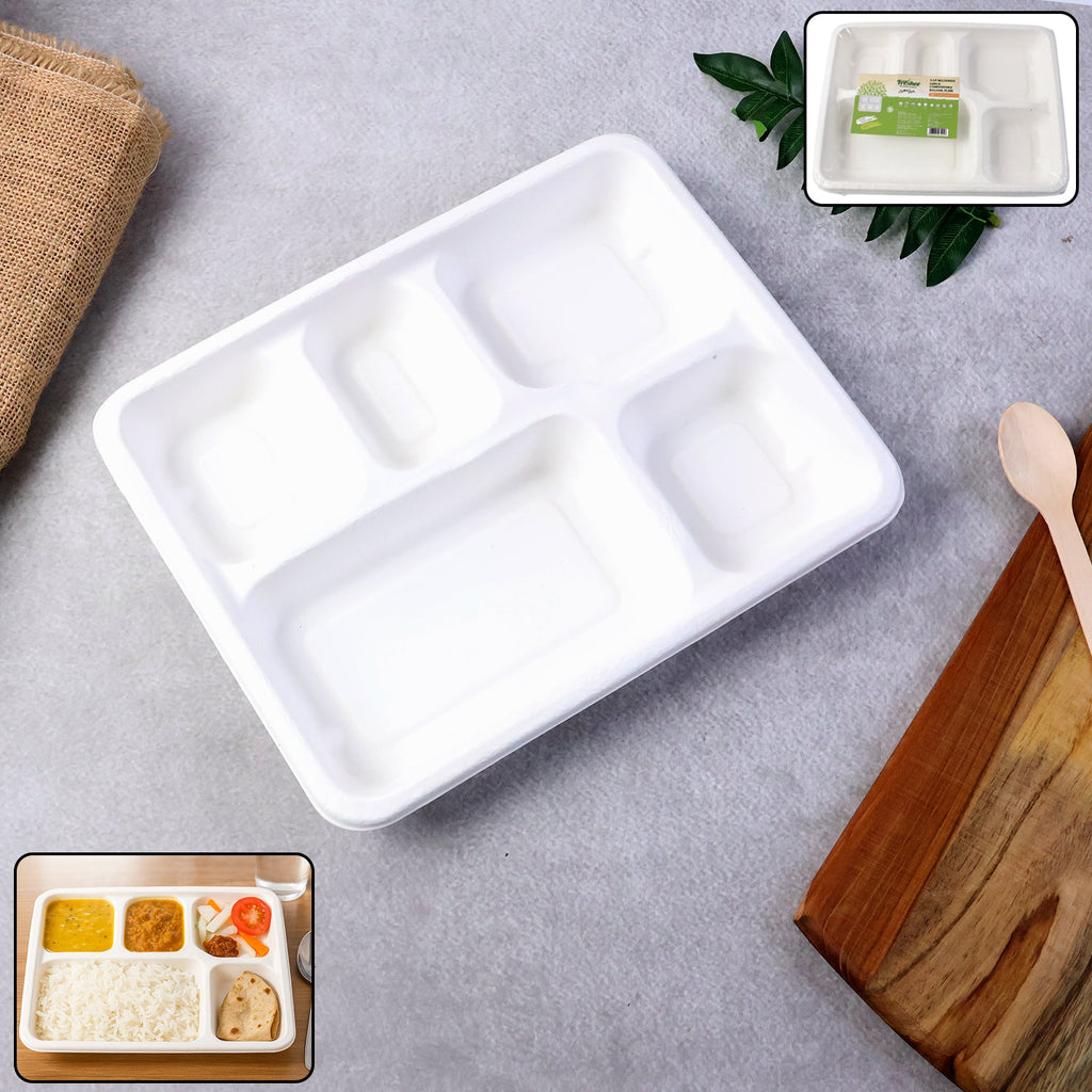 Eco-friendly compostable 5-compartment lunch plate with separate sections for balanced meals