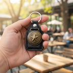 Durable decorative keychain with metal star and leather finish