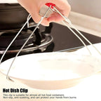 Side view of kitchen vessel gripper tong featuring a red heat-resistant handle