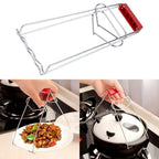 Hot cookware being safely held by vessel gripper tong with heat-resistant handle